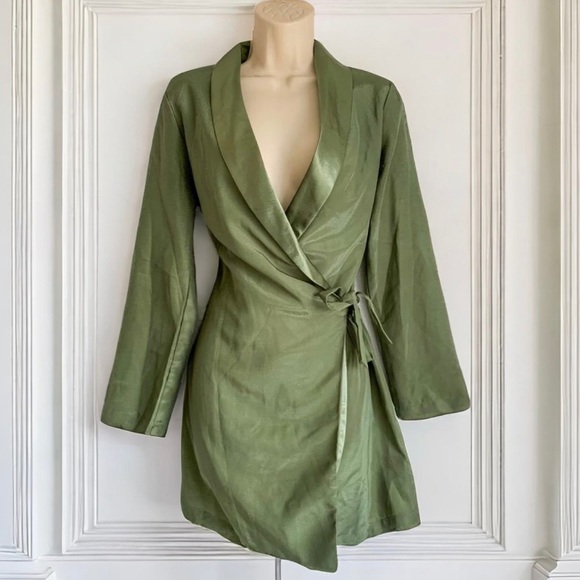 Satin Green Blazer Mini Wrap Dress - Picture 1 of 5